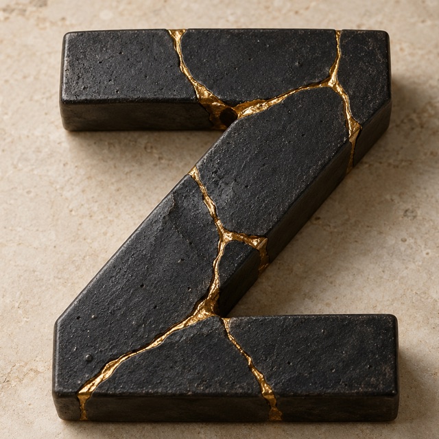 Zestysoft logo: a black stone Z repaired with gold kintsugi seams